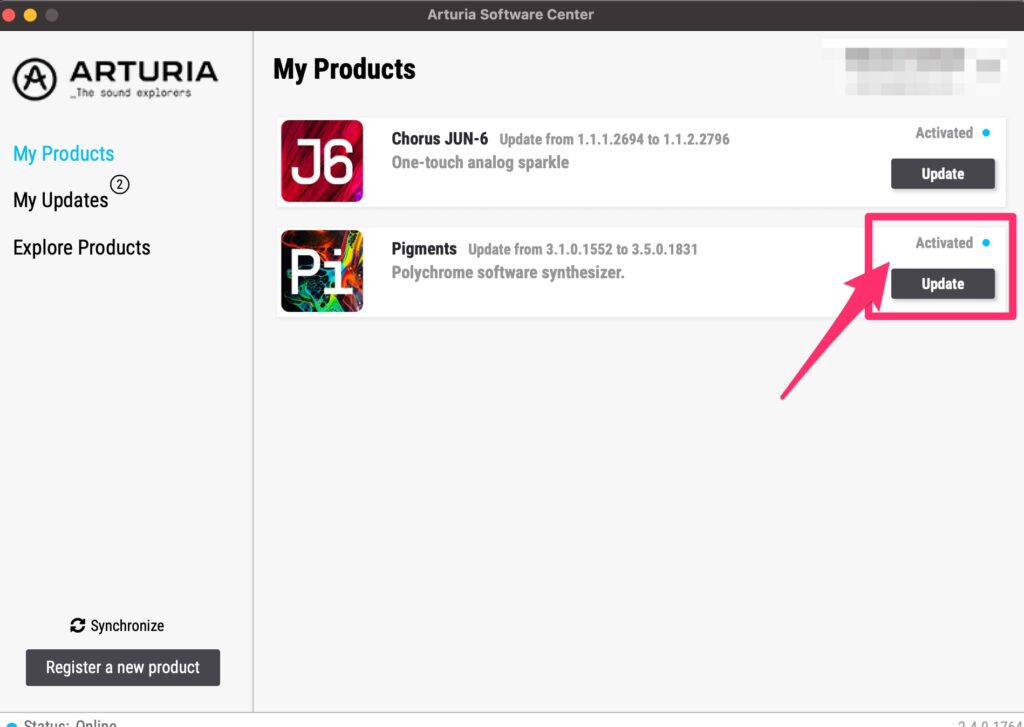 Arturia Pigmentsのアップデート方法