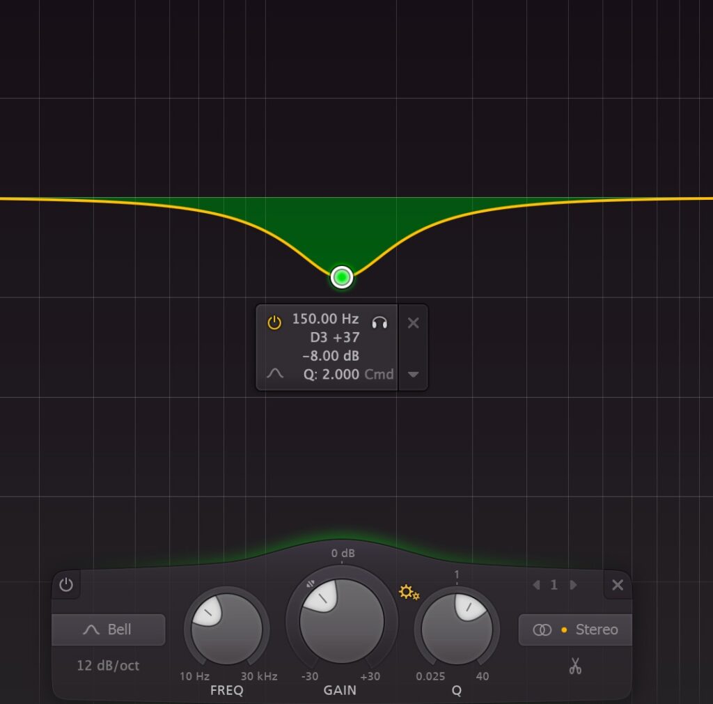 150hz -8db Q2 で設定 (FabFilter Pro-Q 3)