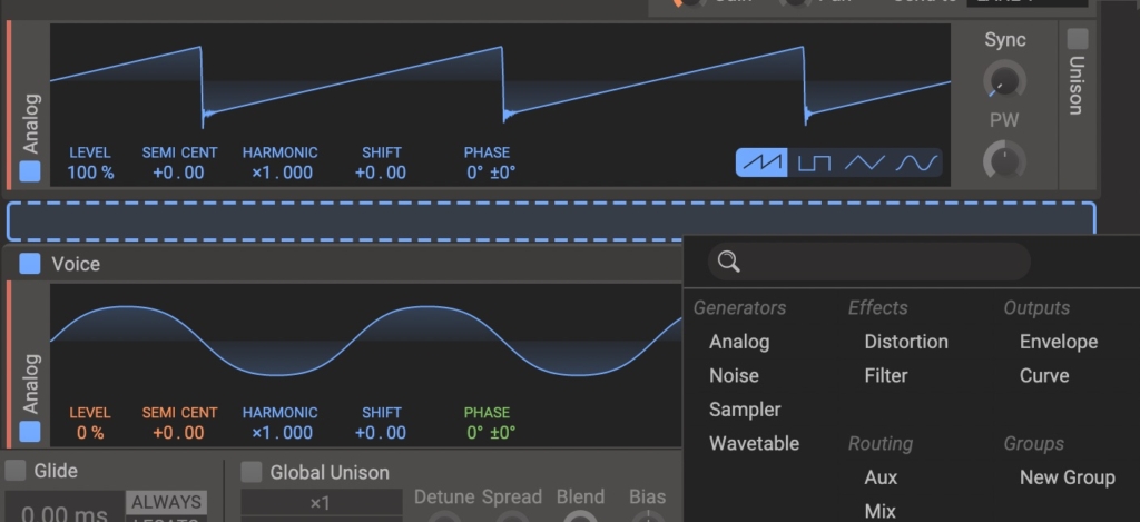 ジェネレーターなどは青い点線が出たらクリックしてモジュールを追加していく