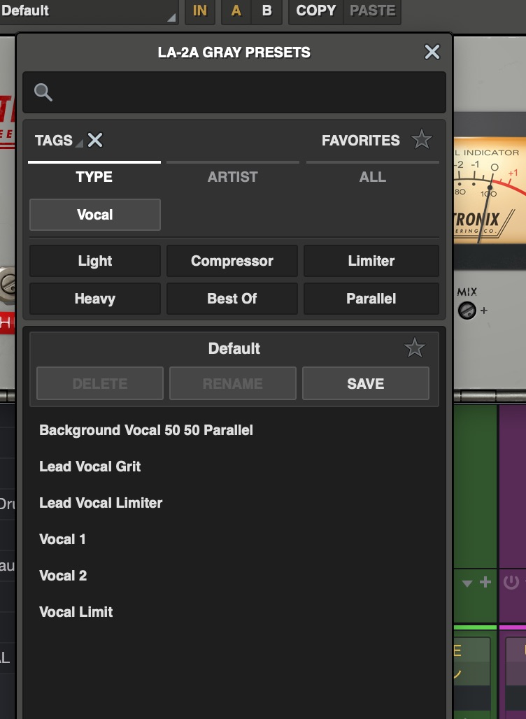 UADプラグインの場合にはボーカルやギターなど楽器の用途別にプロエンジニア作成によるプリセットが用意されているため、設定が良く分からなくても順番に選んでいって音の気持ち良いプリセットを選ぶだけでも心地よいサウンドになります。