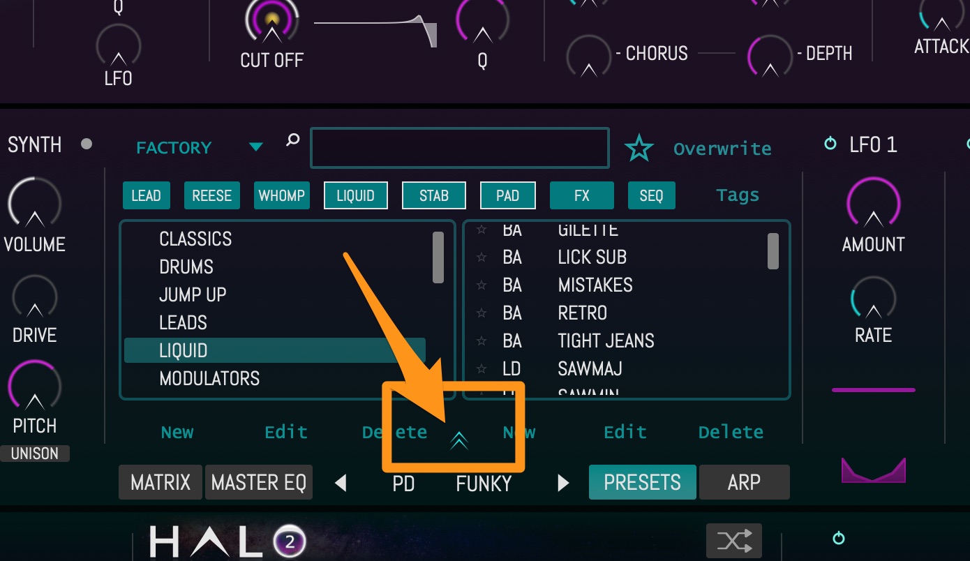 プリセットブラウザの矢印を押す