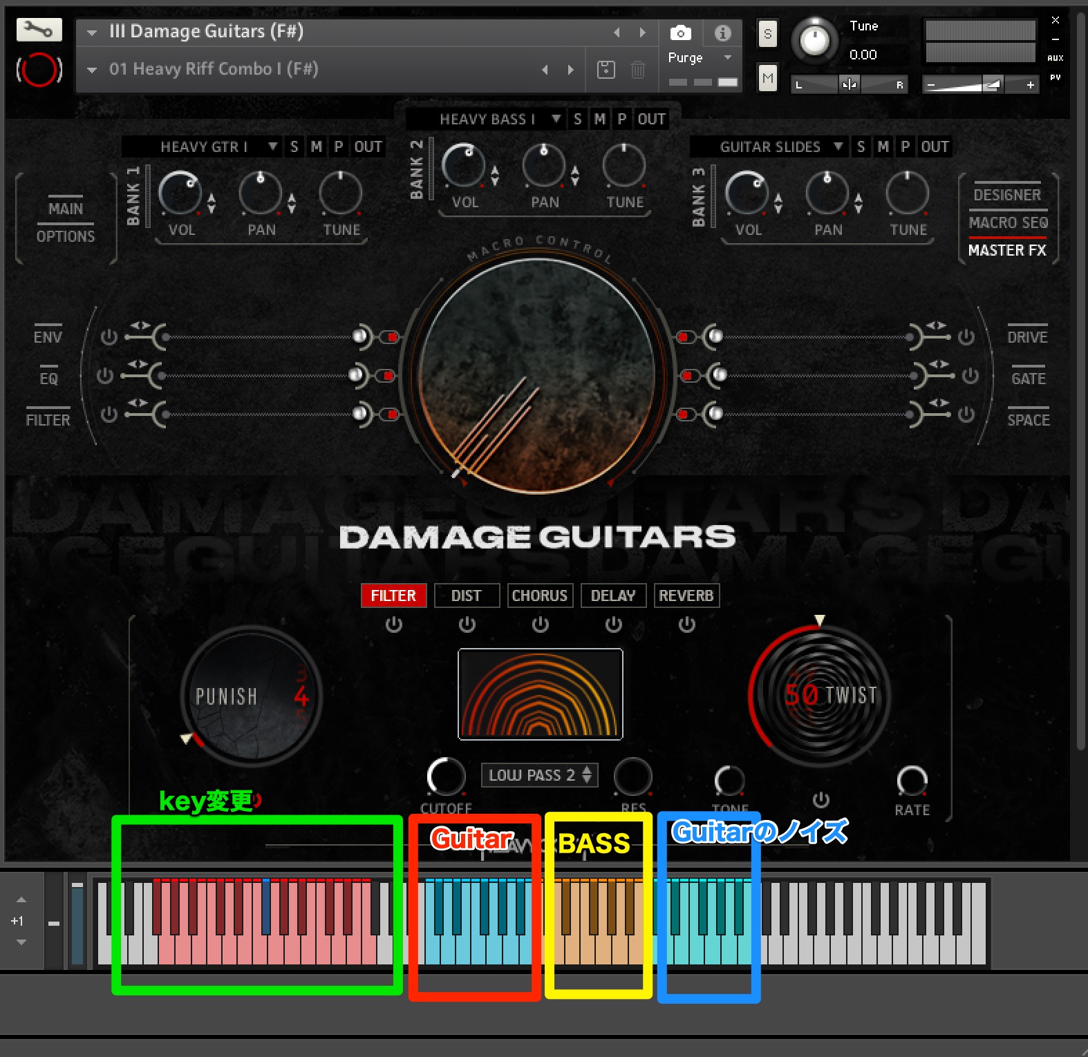 鍵盤の配置は3つのBANKによって色分けされているため配置例はプリセットによって異なる