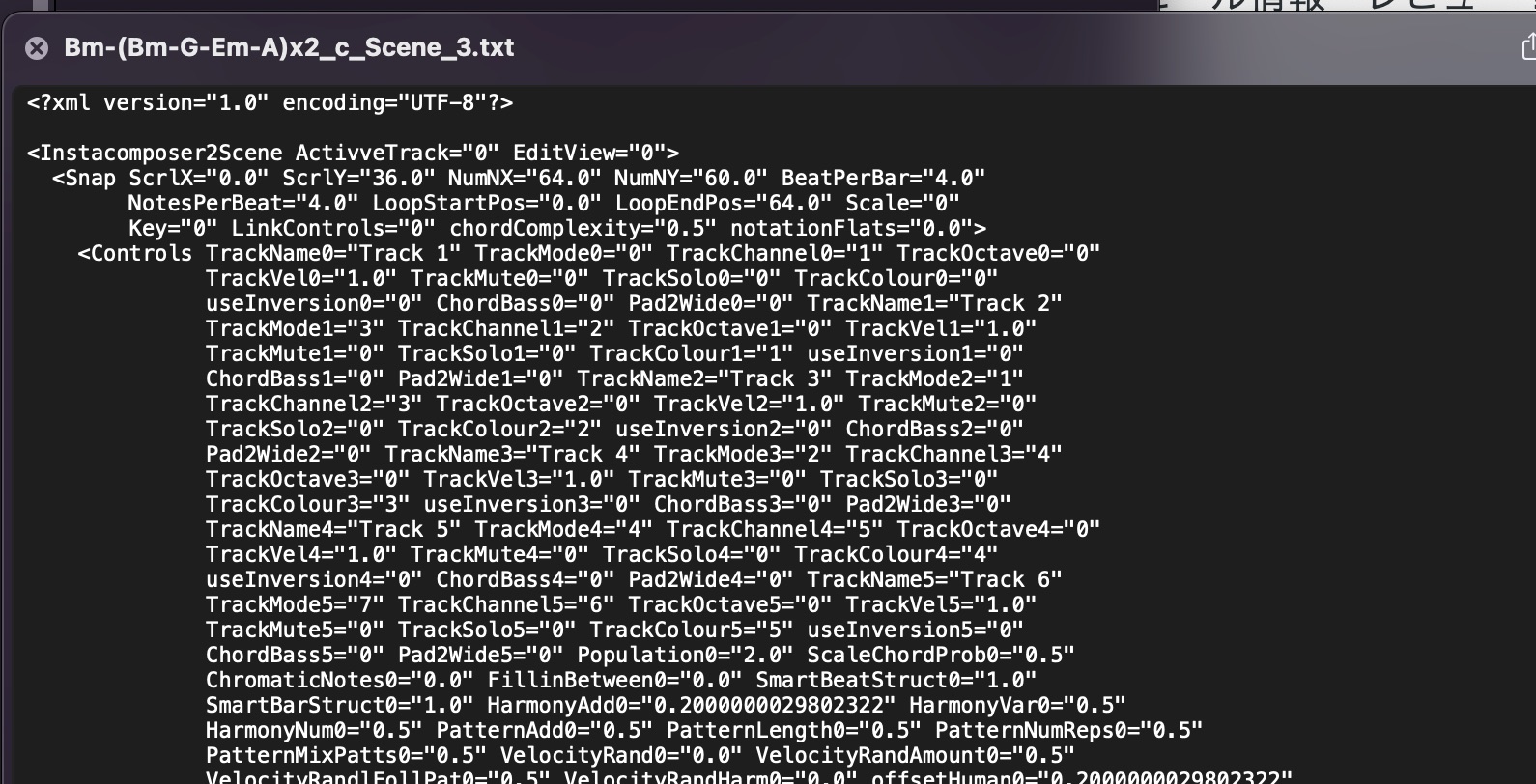 InstaComposer2　シーンを保存したtxtファイルの中身はこんな感じ