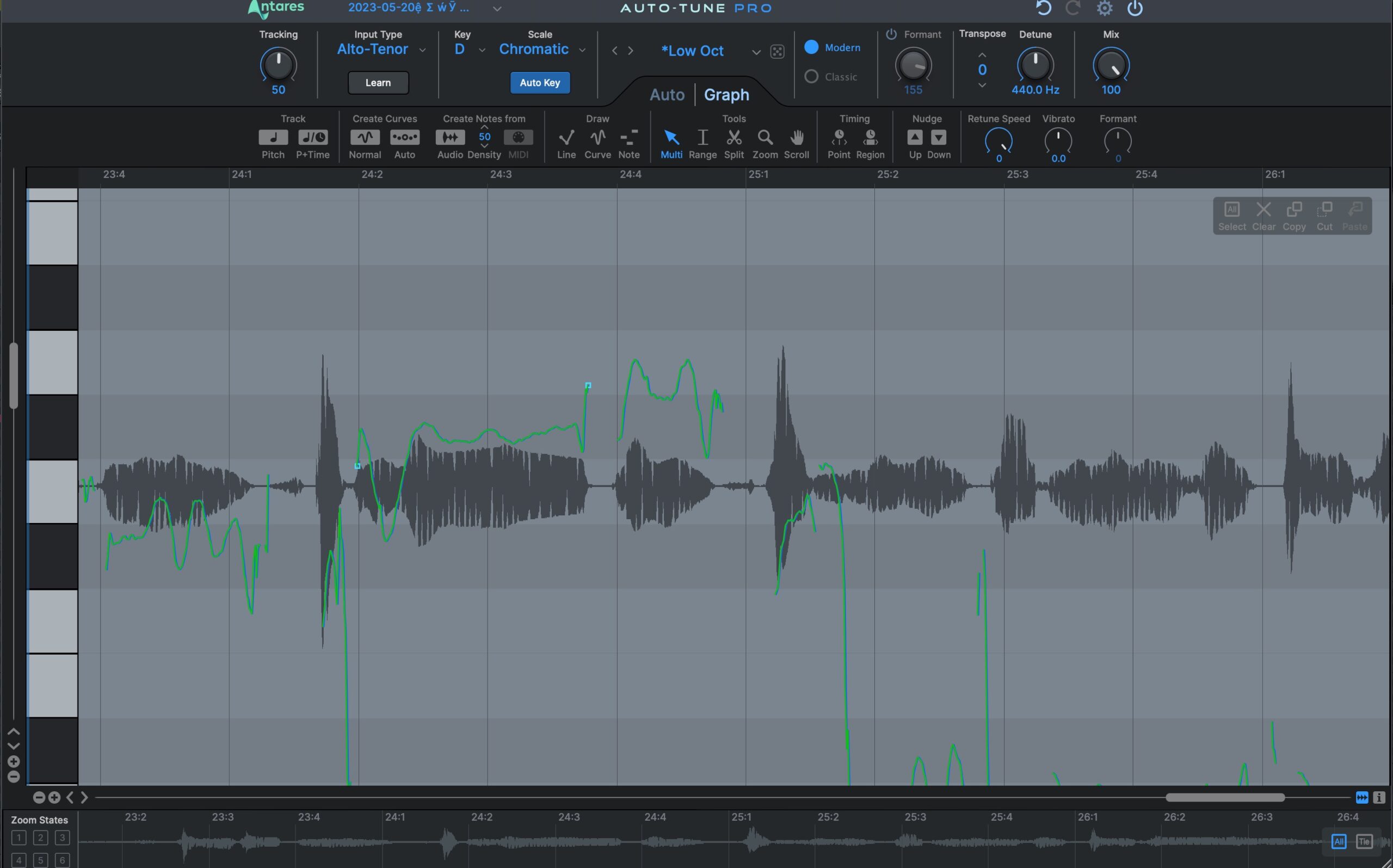 「Auto-Tune Pro Xの波形ピッチ補正画面」